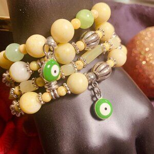 Evil Eye Charm, Green Peridot Jasper, Jade & Pewter Bead Bracelet Set